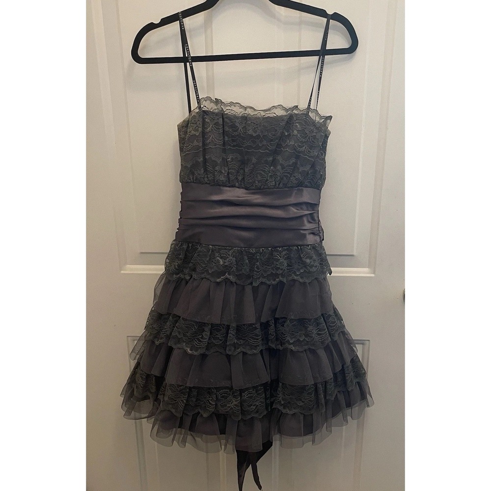 Masquerade Gray Ruffle Lace Cocktail Prom Event Dress Fairy Goth Grunge Size 7/8